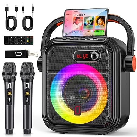 JYX Karaoke Machine with 2 Wireless Microphones, RGB Light PA System with Treble/Bass, Bluetooth Speaker